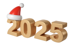 3d Happy New Year 2025 golden Numbers. Symbols cartoon render with red hat santa. Christmas decoration. Celebrate party Xmas Poster banner, cover card, brochure, flyer, layout design png