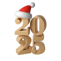 3d Happy New Year 2025 golden Numbers. Symbols cartoon render with red hat santa. Christmas decoration. Celebrate party Xmas Poster banner, cover card, brochure, flyer, layout design png