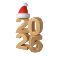 3d Happy New Year 2025 golden Numbers. Symbols cartoon render with red hat santa. Christmas decoration. Celebrate party Xmas Poster banner, cover card, brochure, flyer, layout design png