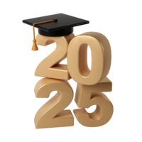 classe di 2025 3d icona. congratulazione laureati design modello con nero berretto e numeri. oro la laurea tipografia illustrazione per cerimonia, festa, saluto carta, invito png