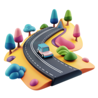 Playful 3D journey with a whimsical blue car winding through vibrant hills and stylized trees, evoking a sense of adventure png