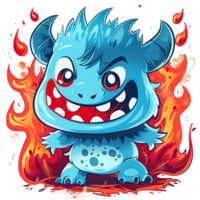 cartoon of a blue monster with horns in front of a fire on transparent background png