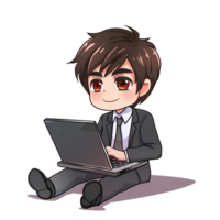 Cartoon Illustration of Businessman Intently Working on Laptop on transparent background png