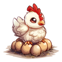 cartoon illustration of hen incubating eggs on transparent background png