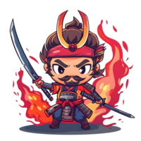 cartoon of samurai warrior standing confidently in front of a blazing fire, transparent background png