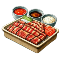 Yakiniku grilled meat served with dipping sauces watercolor clipart png