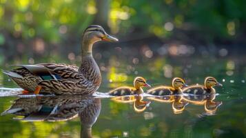 Family of ducks swimming in pond, ducklings following closely behind, charming scene of wildlife photo