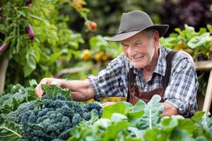 granjero tendiendo a filas de maduro vegetales en abundante verano jardín foto