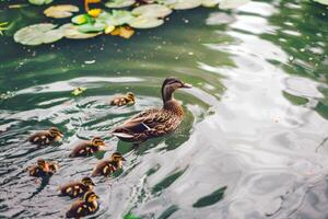 familia de patos nadando en estanque, patitos siguiendo cercanamente detrás, encantador escena de fauna silvestre foto