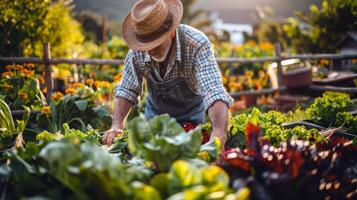 granjero tendiendo a filas de maduro vegetales en abundante verano jardín foto