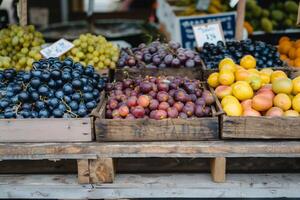 Colorful array of fresh fruits at farmer's market, bursting with flavors of the summer harvest photo