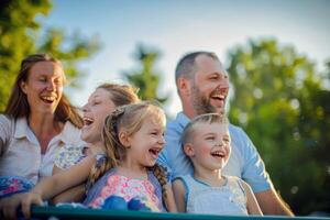 Family of four enjoying day of fun and laughter at amusement park, riding roller coasters photo