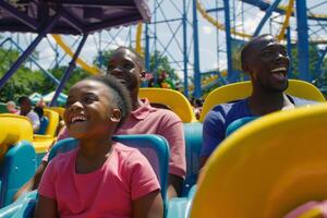 Family of four enjoying day of fun and laughter at amusement park, riding roller coasters photo