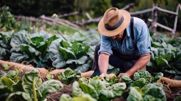 granjero tendiendo a filas de maduro vegetales en abundante verano jardín foto