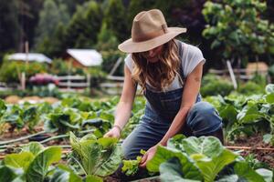 granjero tendiendo a filas de maduro vegetales en abundante verano jardín foto