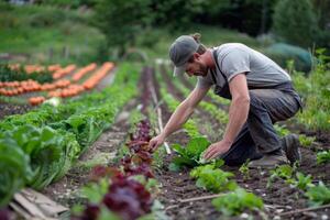 granjero tendiendo a filas de maduro vegetales en abundante verano jardín foto