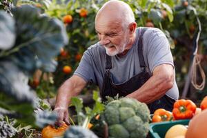 Farmer tending to rows of ripe vegetables in bountiful summer garden photo