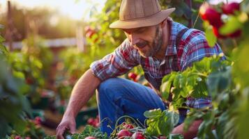 Farmer tending to rows of ripe vegetables in bountiful summer garden photo