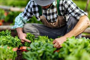 granjero tendiendo a filas de maduro vegetales en abundante verano jardín foto