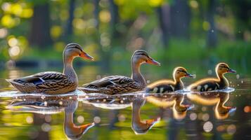 Family of ducks swimming in pond, ducklings following closely behind, charming scene of wildlife photo