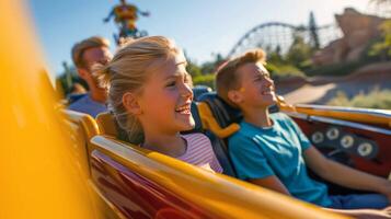 Family of four enjoying day of fun and laughter at amusement park, riding roller coasters photo