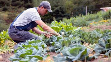 granjero tendiendo a filas de maduro vegetales en abundante verano jardín foto