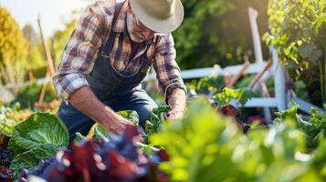 Farmer tending to rows of ripe vegetables in bountiful summer garden photo