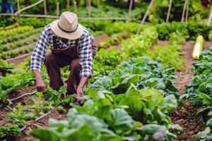 Farmer tending to rows of ripe vegetables in bountiful summer garden photo