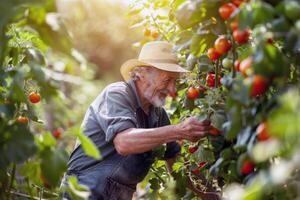 Farmer tending to rows of ripe vegetables in bountiful summer garden photo