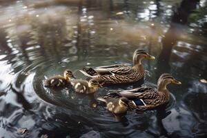 Family of ducks swimming in pond, ducklings following closely behind, charming scene of wildlife photo