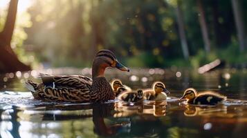 Family of ducks swimming in pond, ducklings following closely behind, charming scene of wildlife photo