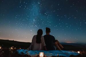 Pareja estudio de las estrellas en cobija en prado, contando disparo estrellas en claro verano noche foto