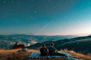 Pareja estudio de las estrellas en cobija en prado, contando disparo estrellas en claro verano noche foto