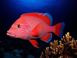 Fish is swimming among the coral reef photo