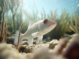 Fish is swimming among the coral reef photo