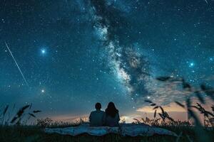 Couple stargazing on blanket in meadow, counting shooting stars on clear summer night photo