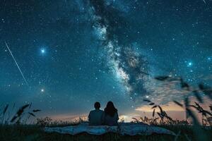 Pareja estudio de las estrellas en cobija en prado, contando disparo estrellas en claro verano noche foto