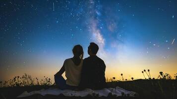 Couple stargazing on blanket in meadow, counting shooting stars on clear summer night photo