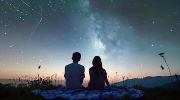 Pareja estudio de las estrellas en cobija en prado, contando disparo estrellas en claro verano noche foto