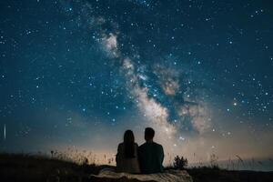 Pareja estudio de las estrellas en cobija en prado, contando disparo estrellas en claro verano noche foto