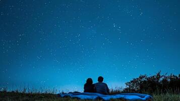 Couple stargazing on blanket in meadow, counting shooting stars on clear summer night photo