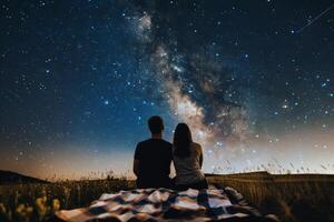 Pareja estudio de las estrellas en cobija en prado, contando disparo estrellas en claro verano noche foto