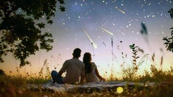 Couple stargazing on blanket in meadow, counting shooting stars on clear summer night photo