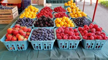 Colorful array of fresh fruits at farmer's market, bursting with flavors of the summer harvest photo