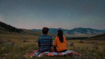 Pareja estudio de las estrellas en cobija en prado, contando disparo estrellas en claro verano noche foto