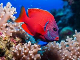 Fish is swimming among the coral reef photo