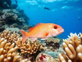 Fish is swimming among the coral reef photo