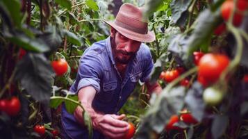 granjero tendiendo a filas de maduro vegetales en abundante verano jardín foto