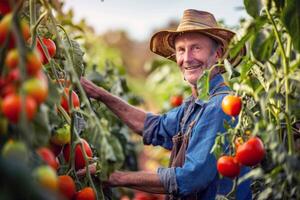 granjero tendiendo a filas de maduro vegetales en abundante verano jardín foto