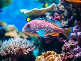 Fish is swimming among the coral reef photo